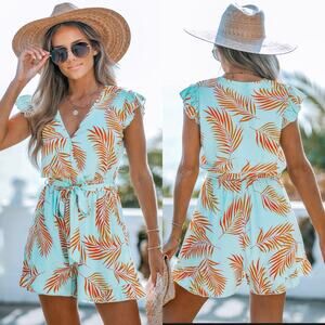 Cupshe Teal Orange Tropical Flutter Sleeve Romper Large New